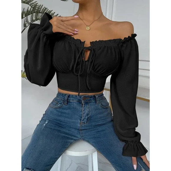 Frill Trim Bell long Sleeve Ruched Bust Milkmaid crop top boho brown - Picture 4 of 11